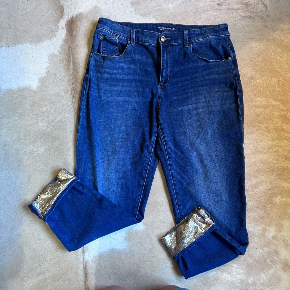 Chico's Boyfriend Ankle Jeans with Gold Sequin Cuffs - Size 12 (2)